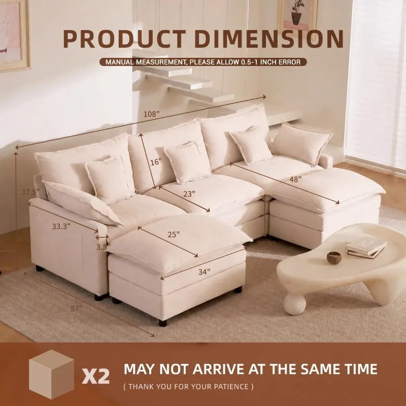GOSUHI 108" U-Shaped Modular Cloud Couch, Deep Seat, Linen Beige | Cloud Comfort, Couches for Living Room, Removable