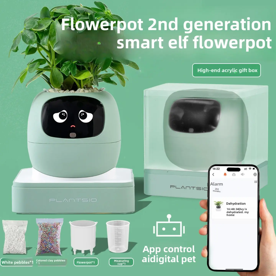Plant pet robot | Smart Sensor Flower Pot OLED Display Battery | USB Powered WiFi Controlled Via Tuya App Featuring Interactive Emotive Functions